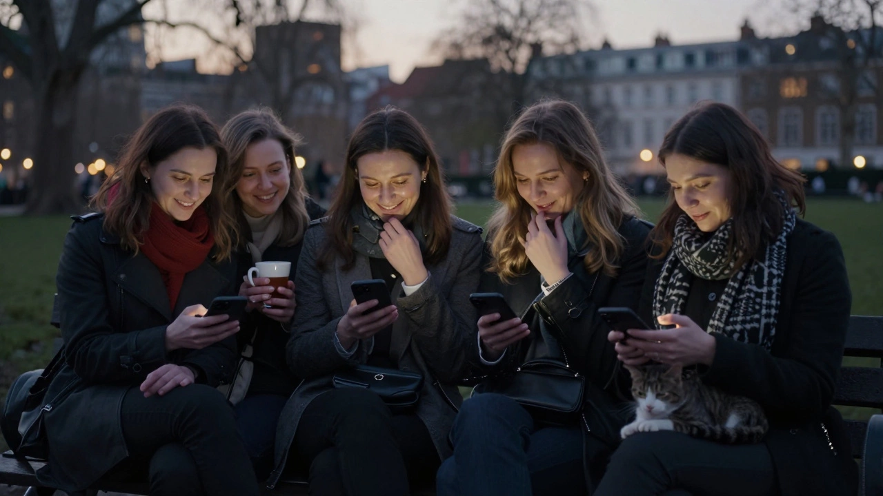 A group of Russian women chatting in a London park, using phones while enjoying the evening light.