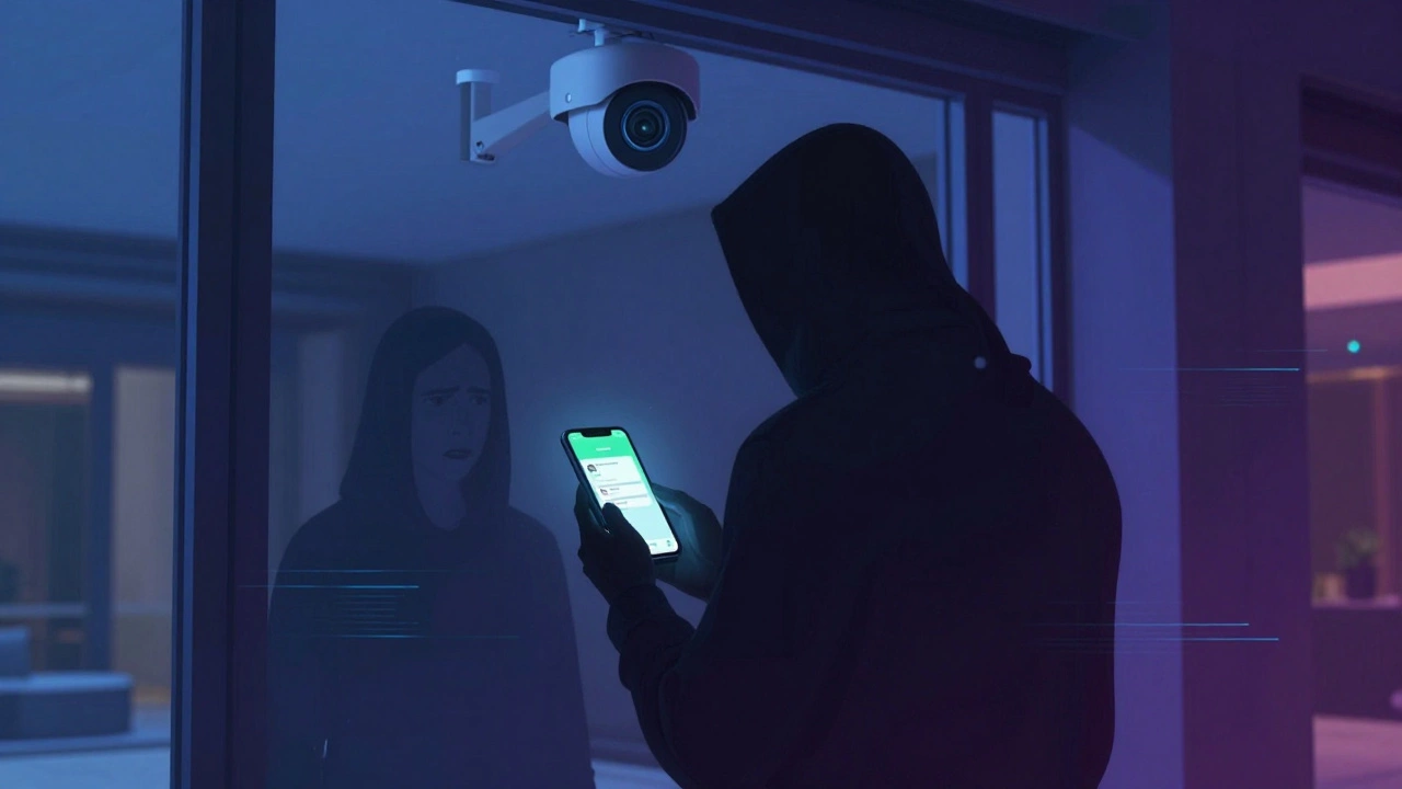 A shadowy figure in a Dubai hotel lobby holding a phone with a WhatsApp chat, under a surveillance camera.