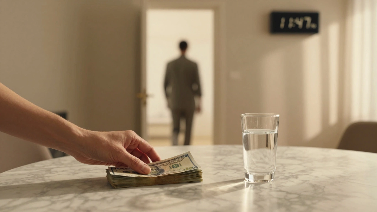 A stack of cash and a glass of water on a hotel room table, with a figure leaving through a half-open door.