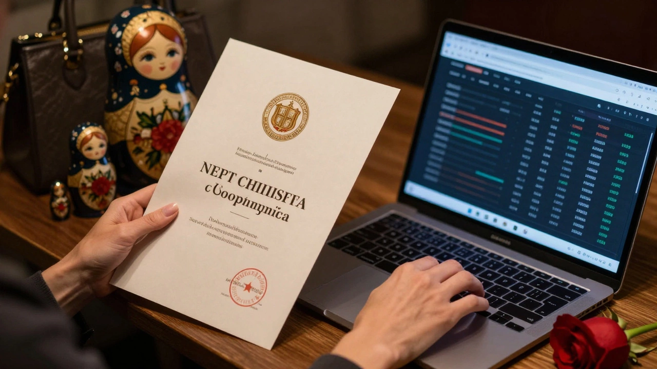 A woman&#039;s hands holding a Russian university diploma and typing on a laptop with crypto apps open.