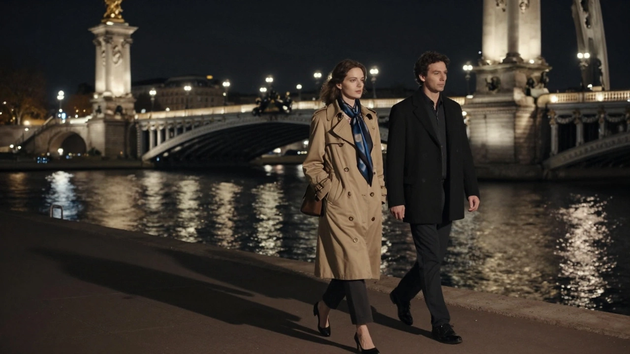 Two figures walking silently along the Seine at night, their reflections shimmering in the water under bridge lights.